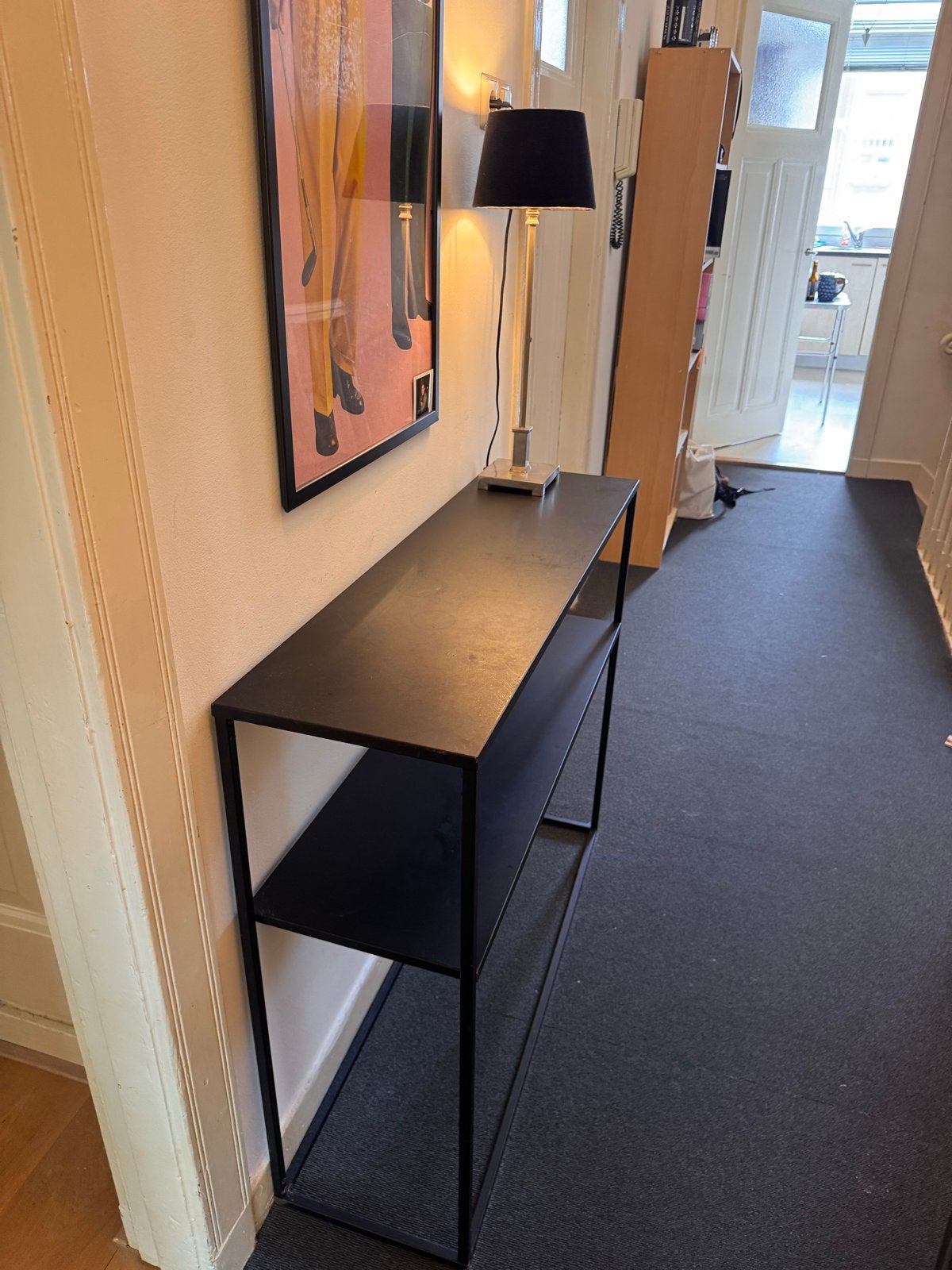 Zwart metalen wandtafel/console tafel met 2 planken, Ophalen, Gebruikt, Metaal of Aluminium, 75 cm of meer
