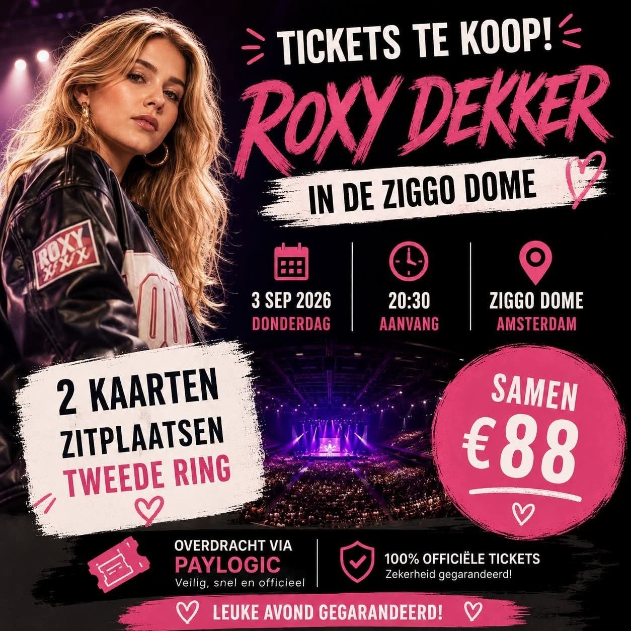 2 kaarten Roxy Dekker Ziggo Dome 3 september, Drie personen of meer, September