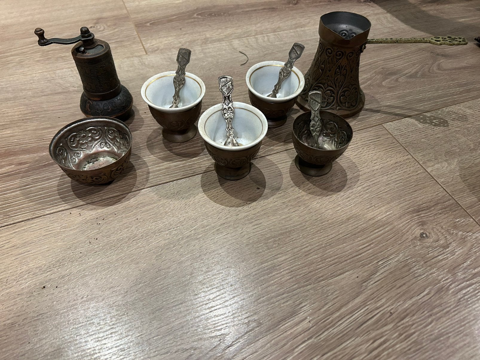 Prachtige Antieke Turkse Koffieset – Handgegraveerd, Ophalen of Verzenden