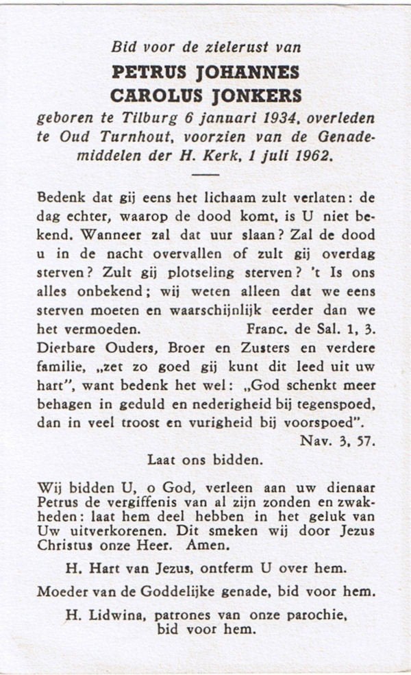 Jonkers Petrus 1934 Tilburg  1962 Oud Turnhout, Ophalen, Bidprentje