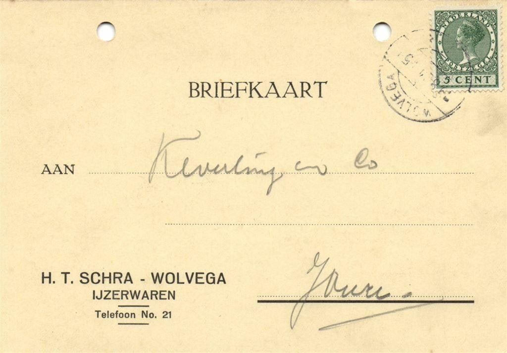 H.T. Schra - Wolvega - 08.1934 - briefkaart, Postzegels en Munten, Ophalen of Verzenden, Briefkaart