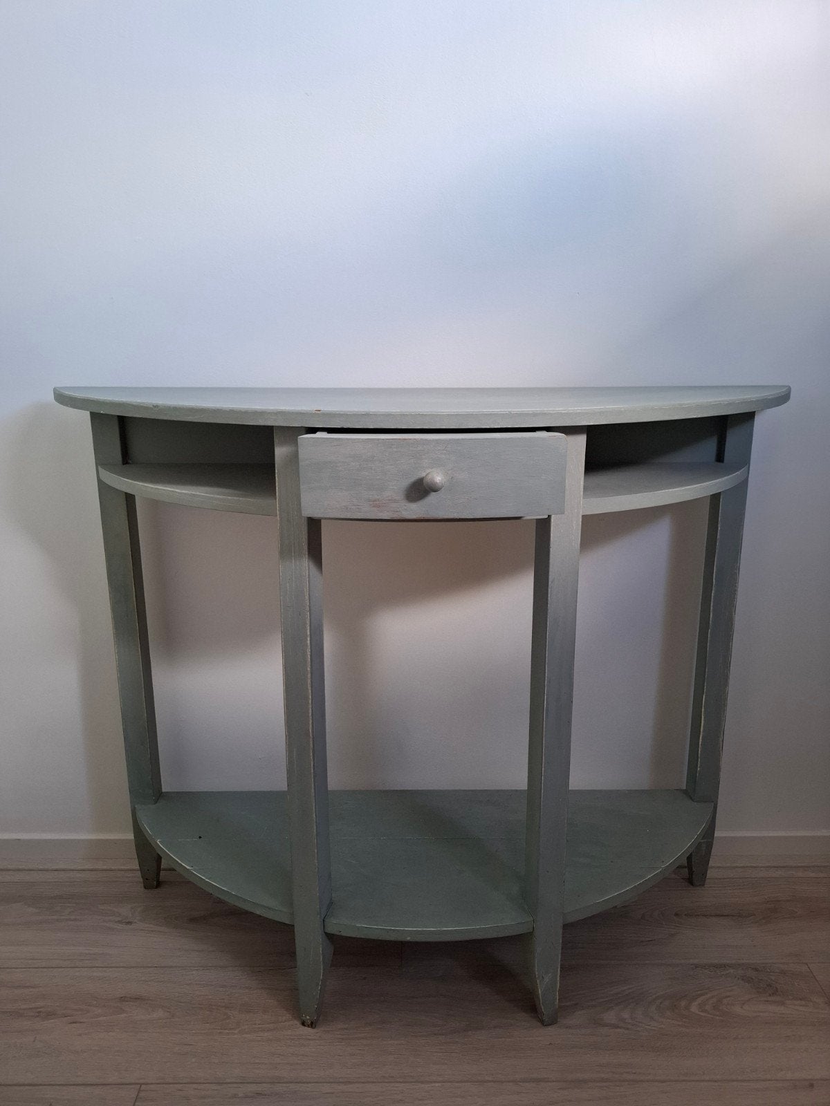 Brocante sidetable/haltafel in grijs/groene kleur, Huis en Inrichting, Tafels | Sidetables, Ophalen, Gebruikt, 100 tot 150 cm