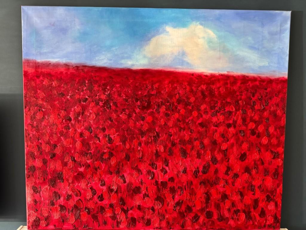 Groot origineel olieverfschilderij.Rode klaproos bloemenveld, Antiek en Kunst, Kunst | Schilderijen | Klassiek, Ophalen