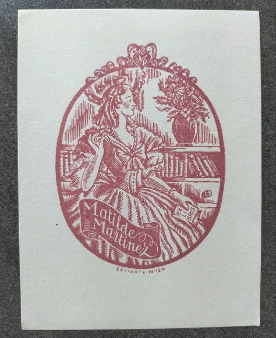 Exlibris Matilde Martinez - Joan Estiarte 1947 (vrouw, dame), 9 cm, 1900 - 1949, Ex libris, Ophalen of Verzenden