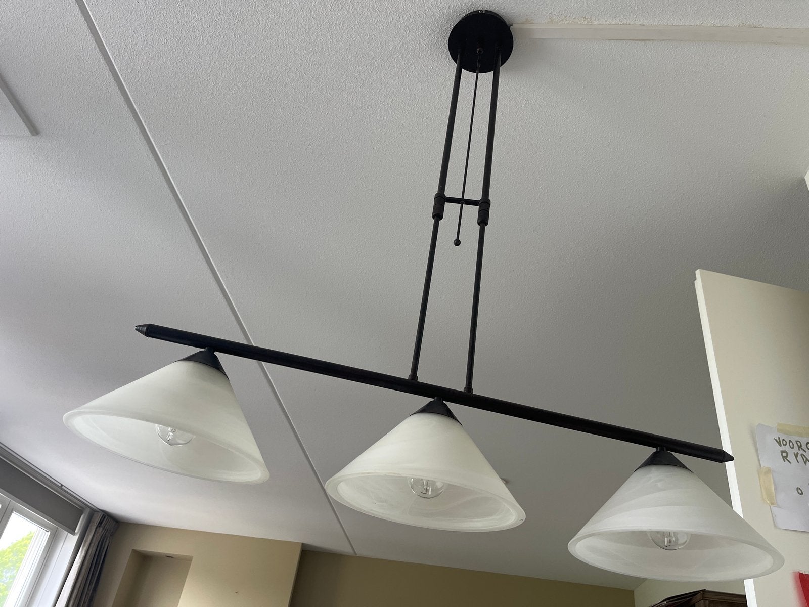 Hanglamp met 3 glazen kappen, Ophalen, Gebruikt, Glas, E27 (groot)