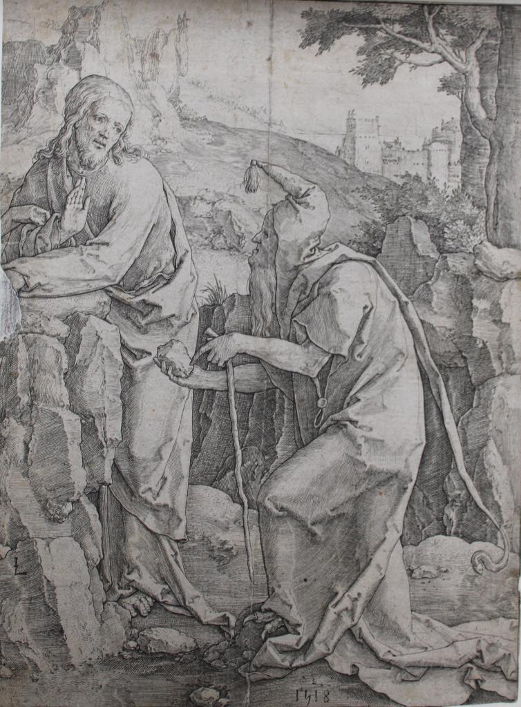 Lucas van Leyden: kopergravure De Verzoeking van Christus, Antiek en Kunst, Kunst | Etsen en Gravures, Ophalen