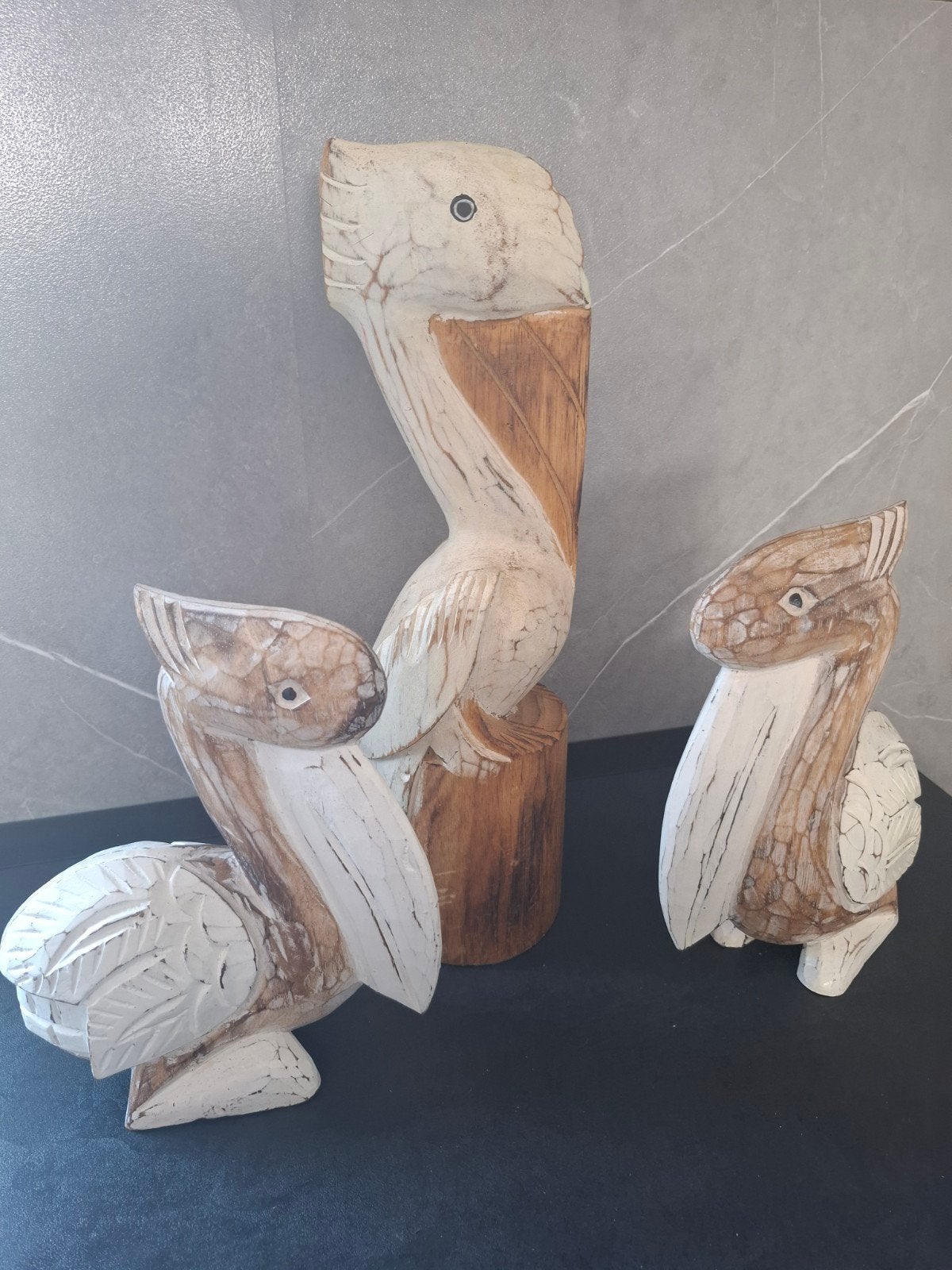 Set van 3 handgesneden houten pelikanen, wit/bruin, Ophalen of Verzenden