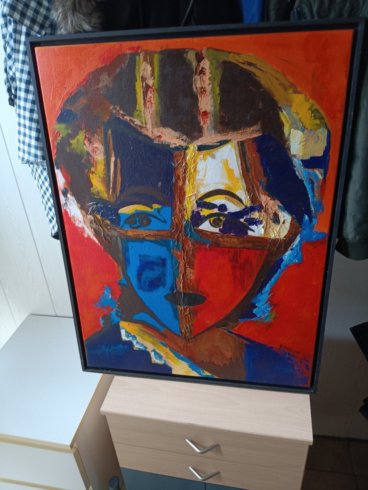 Abstract portret schilderij, kleurrijk en expressief, Antiek en Kunst, Ophalen of Verzenden