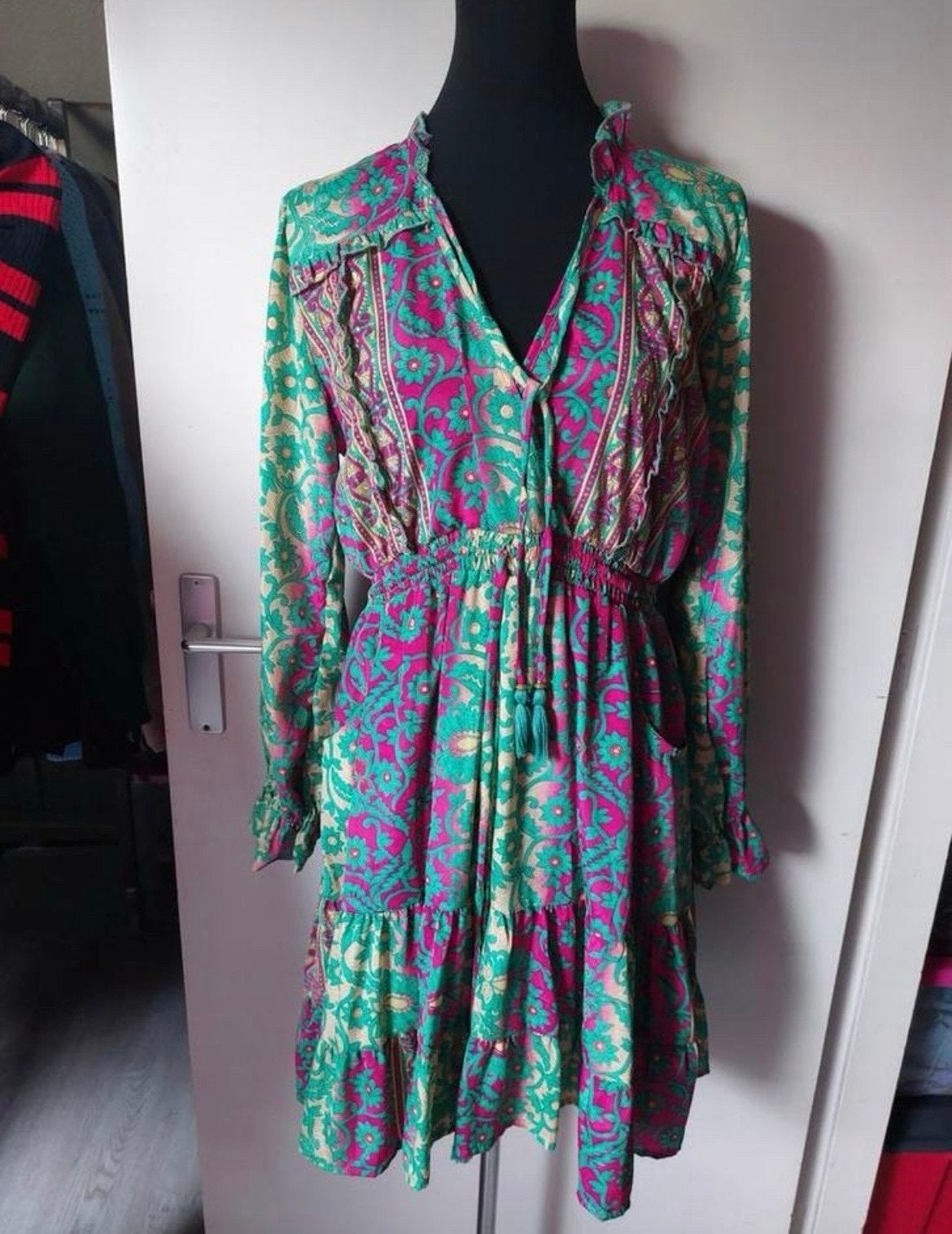 Bohemian Ibiza Jurk Zijde - Groen/Paars - Maat M/L, Maat 38/40 (M), Ophalen of Verzenden, Zo goed als nieuw, Boven de knie
