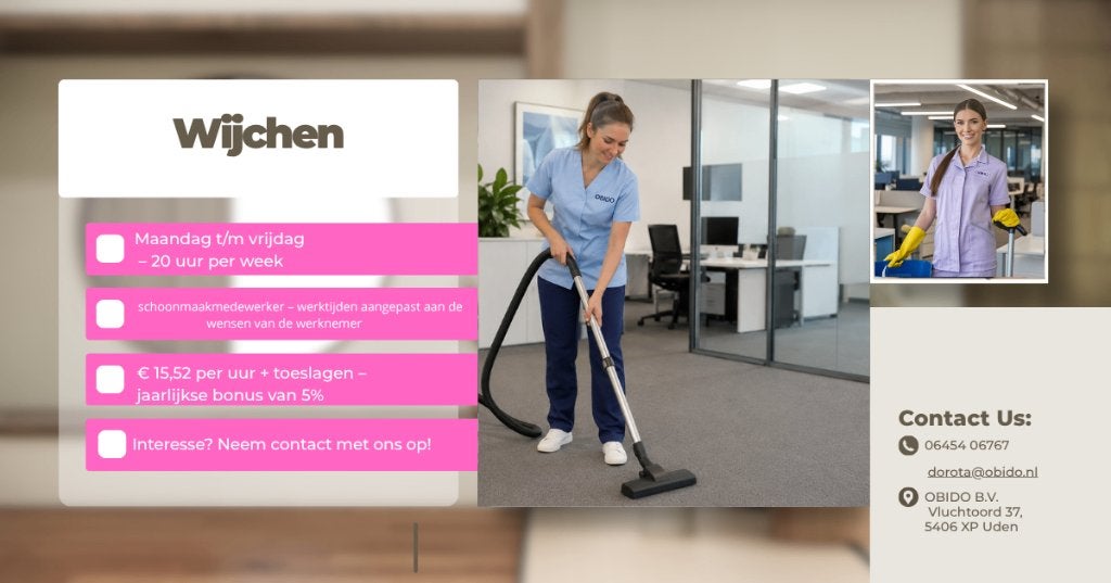 schoonmaakmedewerker  Wijchen, 25 - 32 uur, Overige niveaus, Starter, Overige vormen