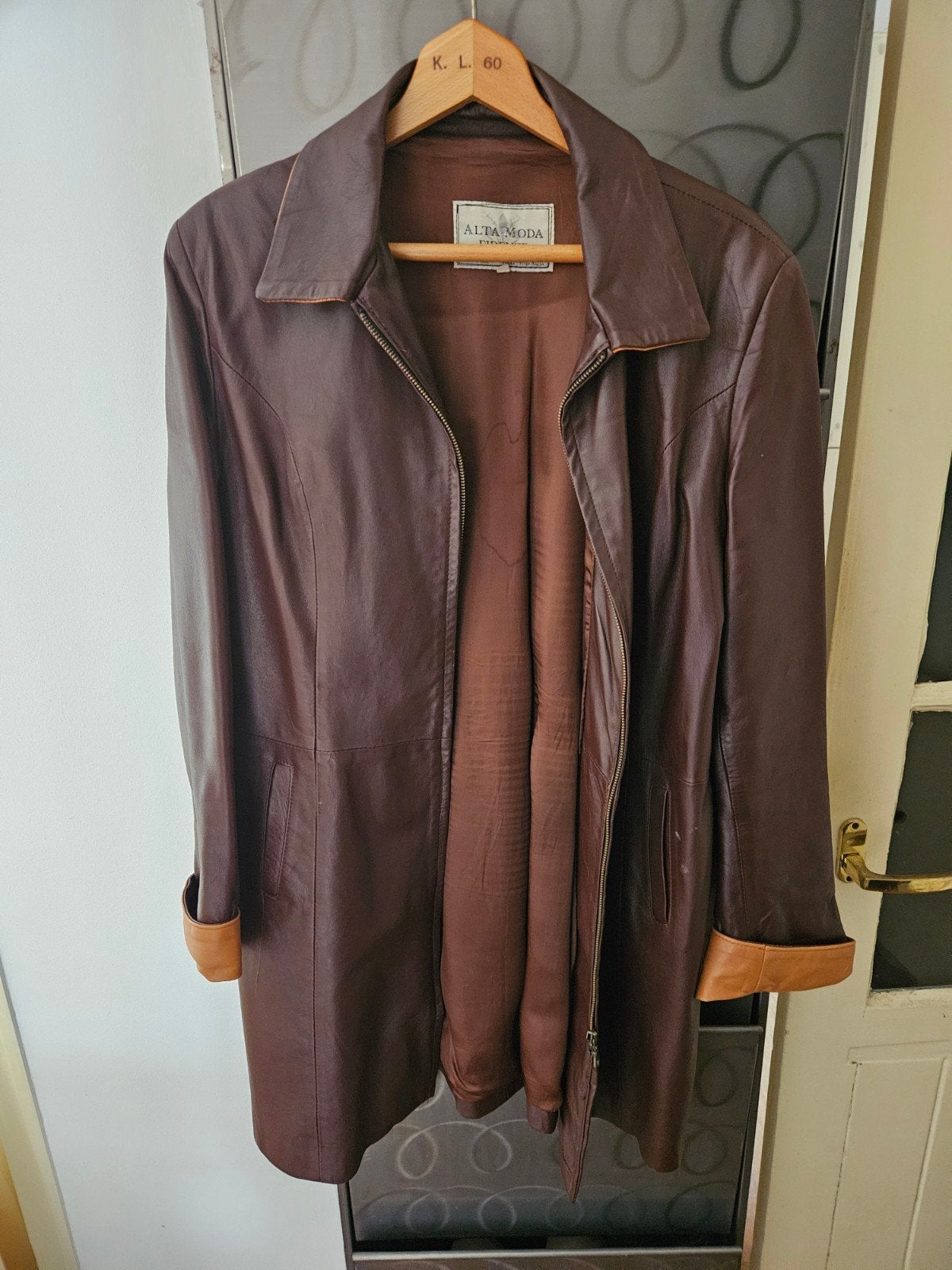 Vintage Italiaanse lange leren jas bruin - NL 46 (IT 52), Bruin, Alta Moda Firenze, Maat 46/48 (XL) of groter, Ophalen of Verzenden