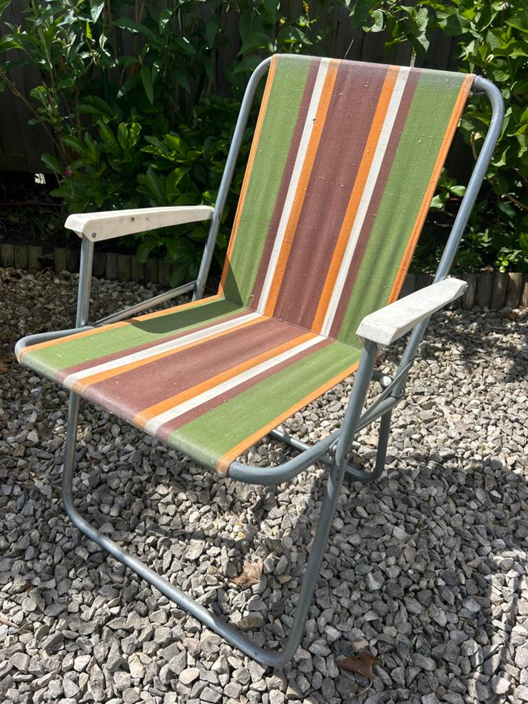 Vintage campingstoel canvas klapstoel seventies, Tuin en Terras, Tuinstoelen, Ophalen, Gebruikt, Aluminium, Inklapbaar