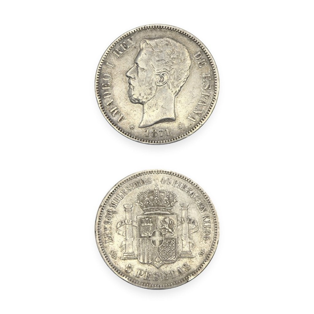 Zilveren 5 Pesetas 1871 Amadeo I Spanje SD M, Ophalen of Verzenden, Overige landen, Zilver