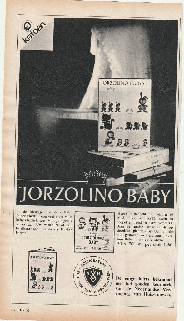 Retro reclame 1966 Jorzolino baby luiers pakket 6 stuks, Verzamelen, Verzenden, Overige typen