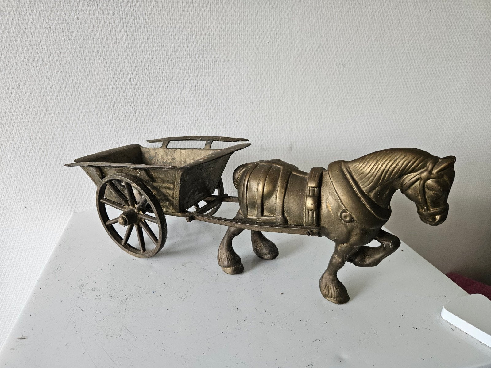 Antieke bronzen paard en wagen decoratie, Ophalen of Verzenden