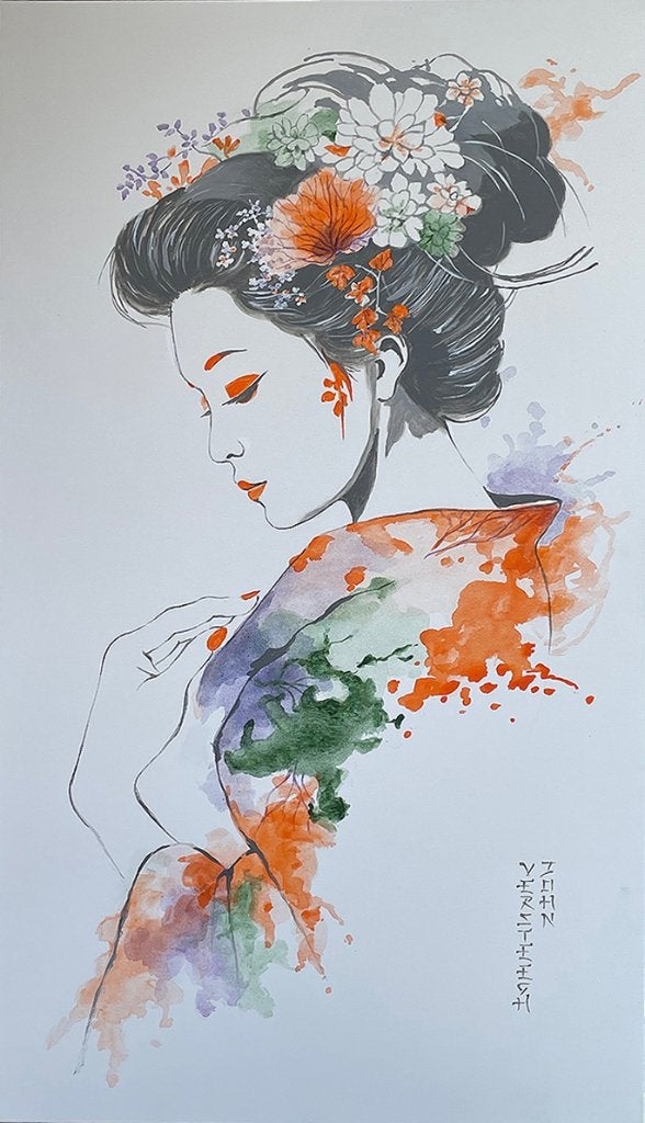 Schilderij Japanse Geisha, 70x120cm, Ophalen of Verzenden