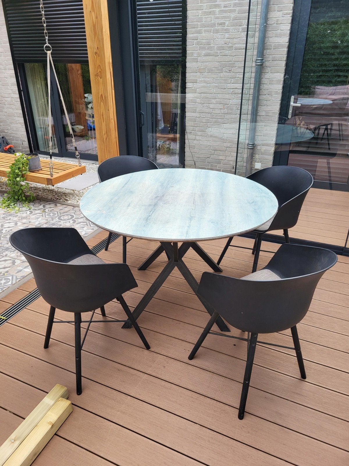 ronde tafel met 4 kuipstoelen, Ophalen, Teakhout, Gebruikt, Rond