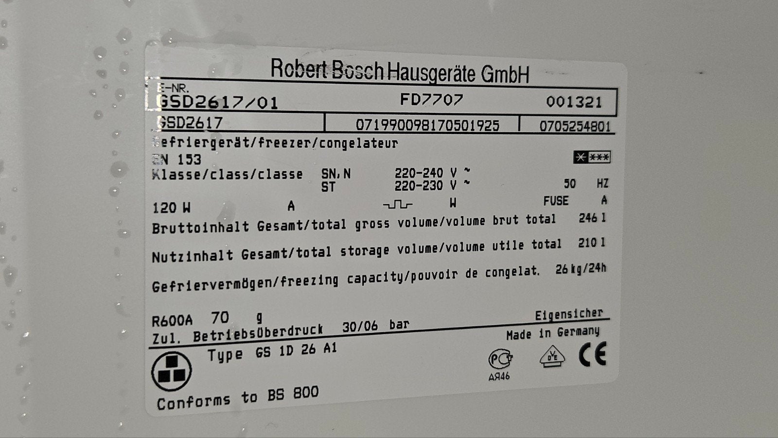 Bosch Vrieskast GSD2617 - Ruime en betrouwbare vriezer, Gebruikt, Minder dan 60 cm, 140 tot 160 cm, Vrijstaand