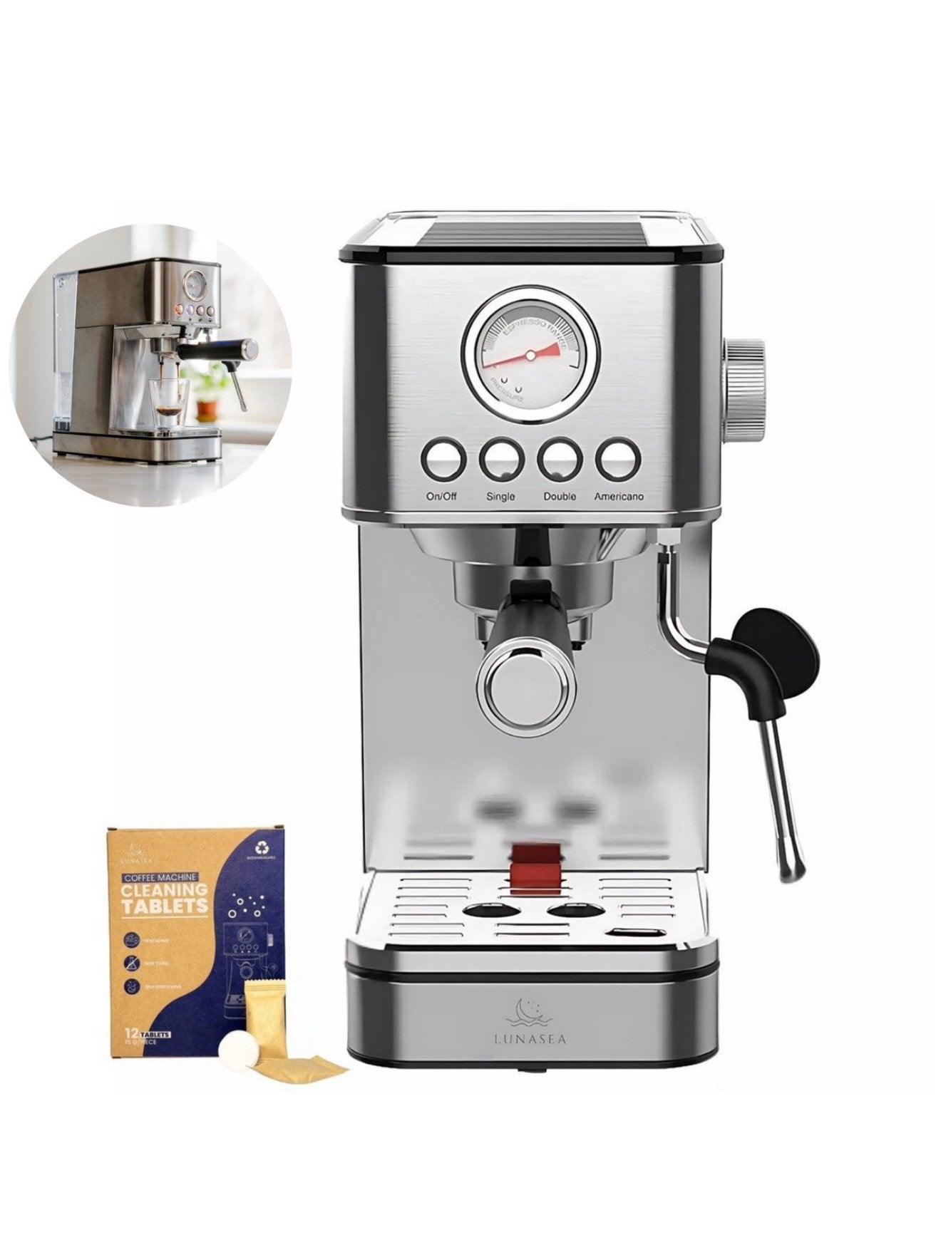 Nieuwe Lunasea Espresso Apparaat - RVS Design, Stoompijpje, Espresso apparaat, Nieuw, Gemalen koffie
