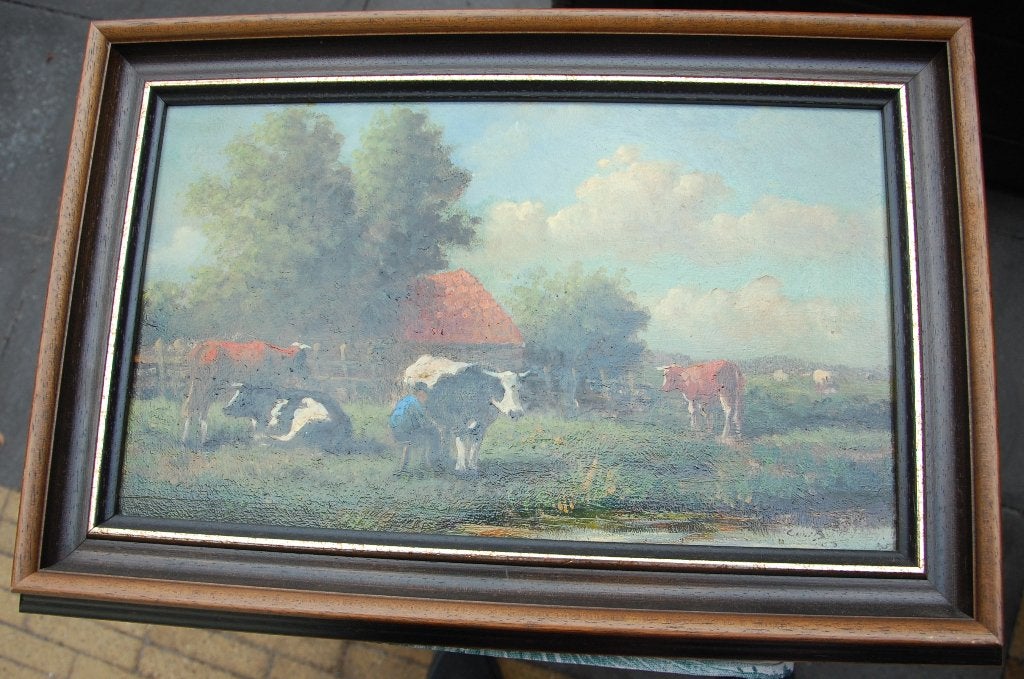 schilderij Cor Bouter - koeien melken, Paneel, Dieren, Ophalen of Verzenden, Olieverf