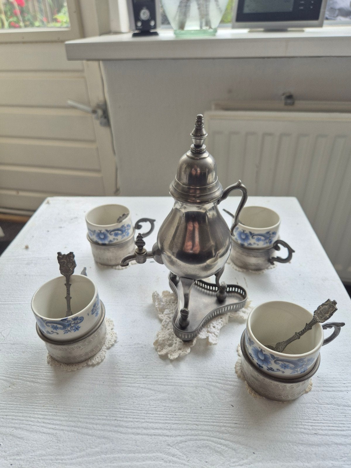 Antiek echt tin met weidmann porseleinen kopjes, Antiek en Kunst, Antiek | Tin, Ophalen of Verzenden