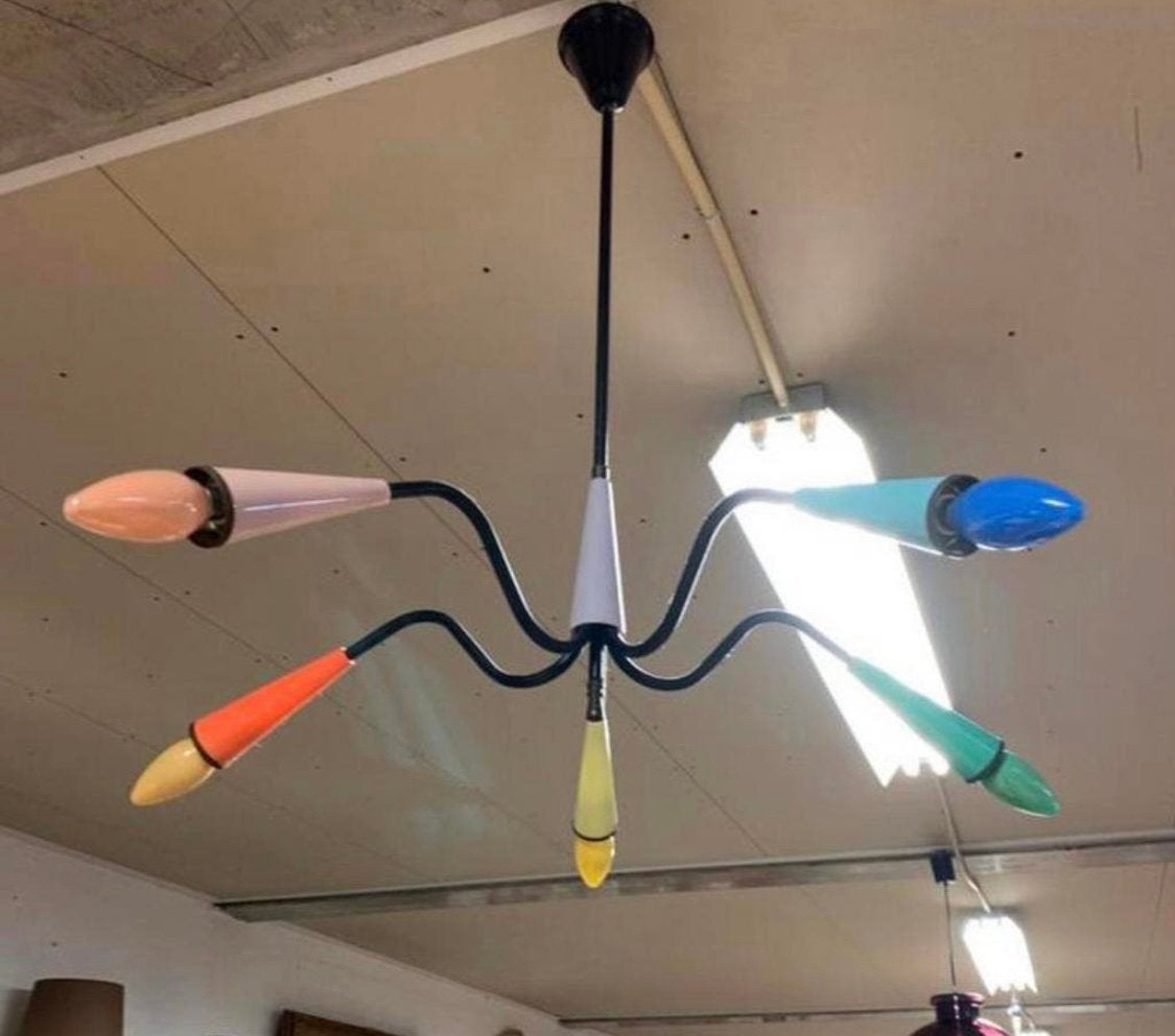 Lamp stilnovo gekleurde spin hanglamp uit jaren 50, Huis en Inrichting, Lampen | Hanglampen, Verzenden