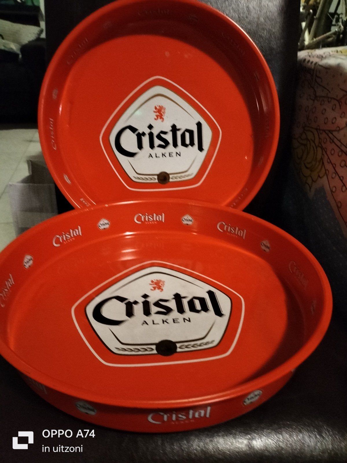 2x Vintage Cristal Alken dienbladen - rood metaal, Ophalen of Verzenden, Gebruikt, Overige merken