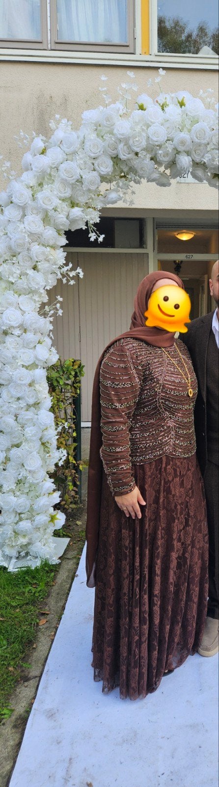 Elegante Galajurk met Pailletten en Kant - Bruin, Kleding | Dames, Ophalen, Galajurk, Bruin, Maat 46/48 (XL) of groter