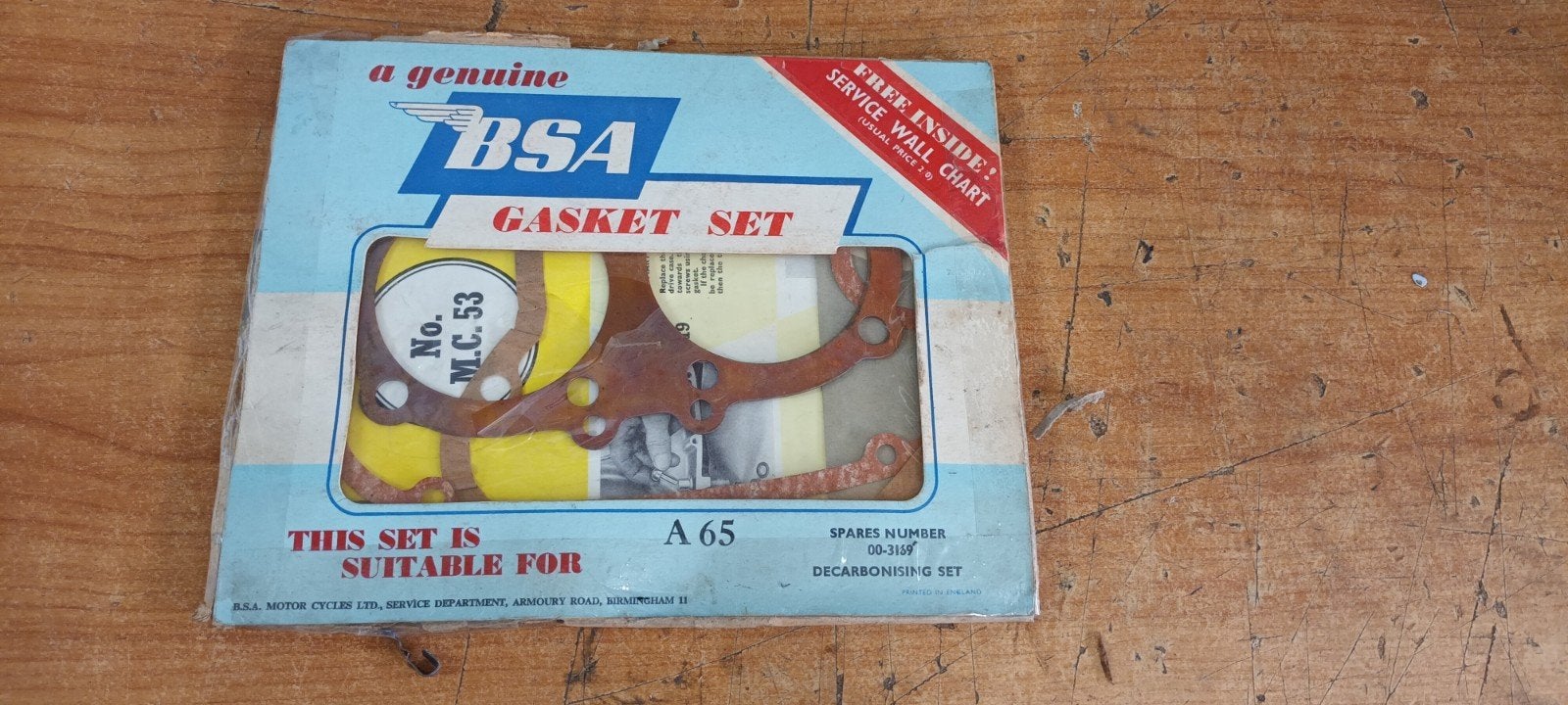 BSA A65 Pakkingset met service chart., Motoren, Verzenden, Bakhuizen, Nieuw, Bauke@famvandermeer.nl