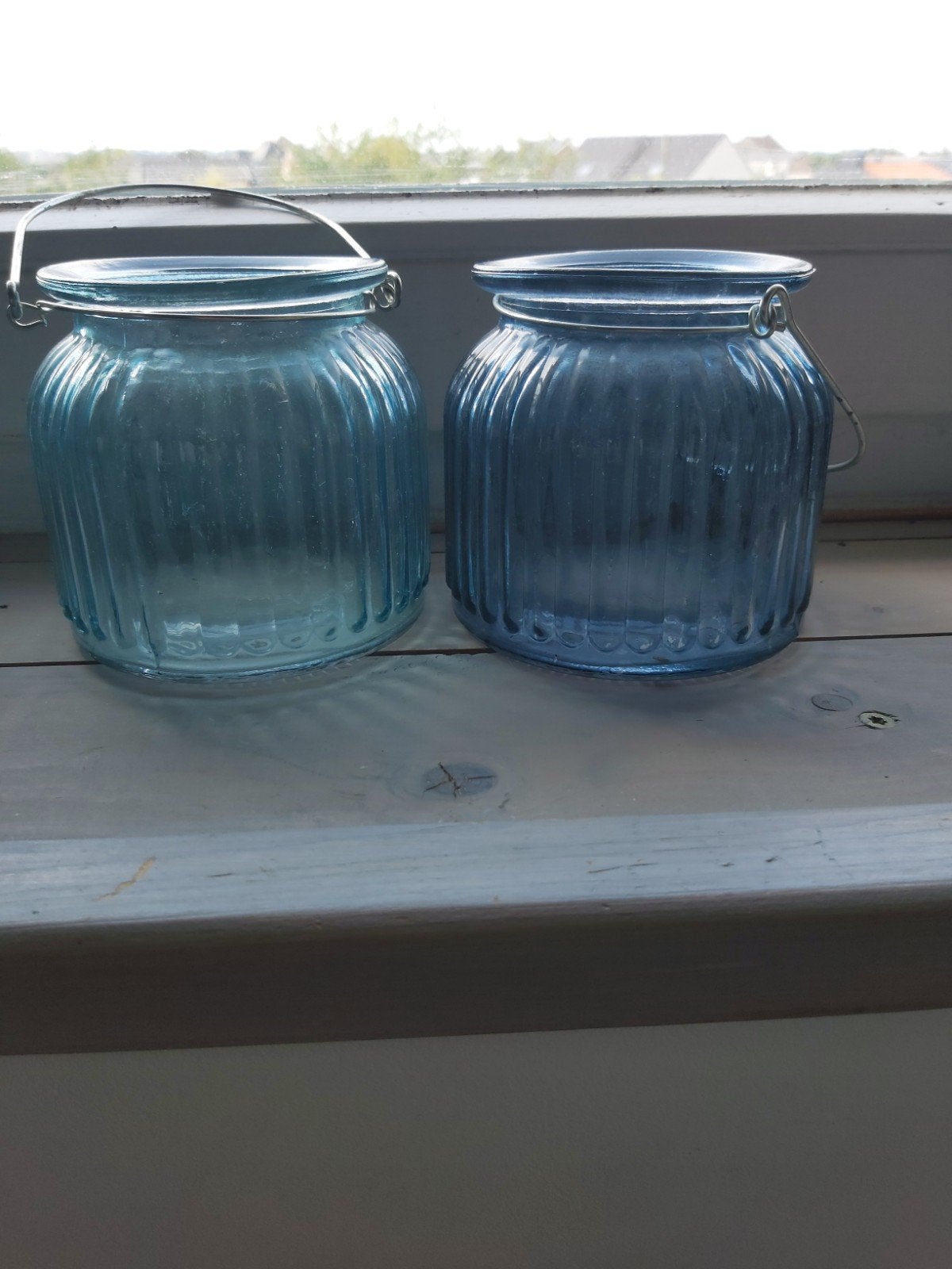 Blauwe glazen windlichten met hengsel - 2 stuks, Ophalen, Blauw, Nieuw, Landelijk