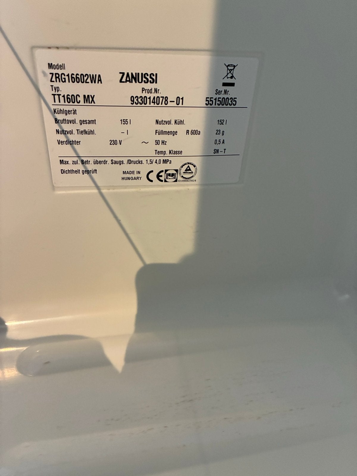 Zanussi ZRG16602WA Koelkast - tafelmodel, Witgoed en Apparatuur, Koelkasten en IJskasten, 150 tot 200 liter, 45 tot 60 cm, Ophalen