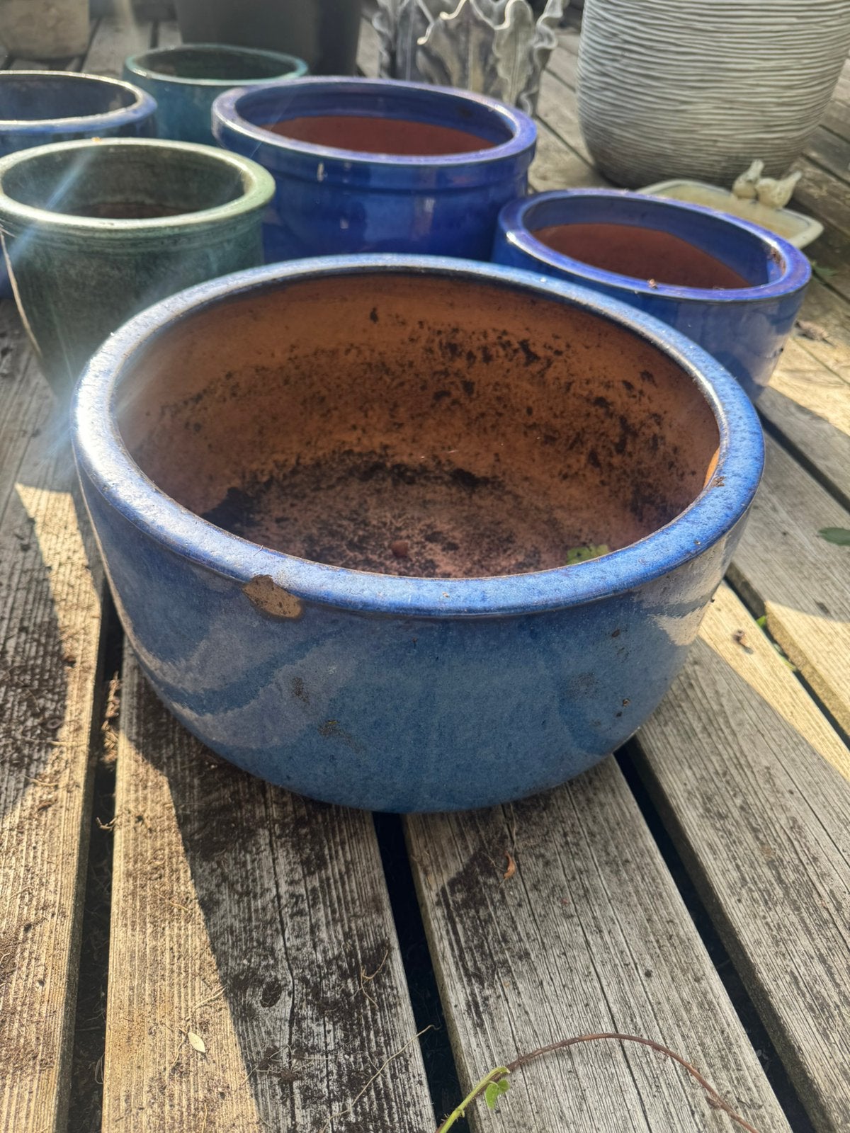 Blauwe planten potten, Tuin en Terras, Bloempotten, Ophalen, Rond, Zo goed als nieuw, Aardewerk