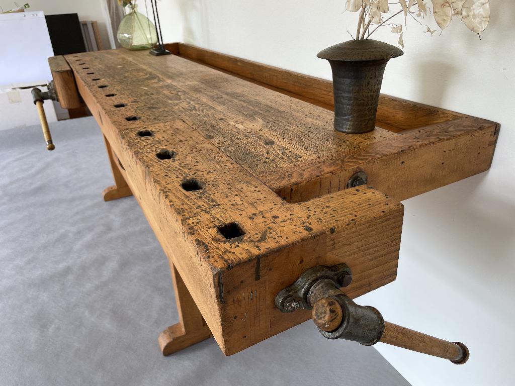 Vintage oude houten werkbank, dressoir, bureau, sidetable, Ophalen of Verzenden