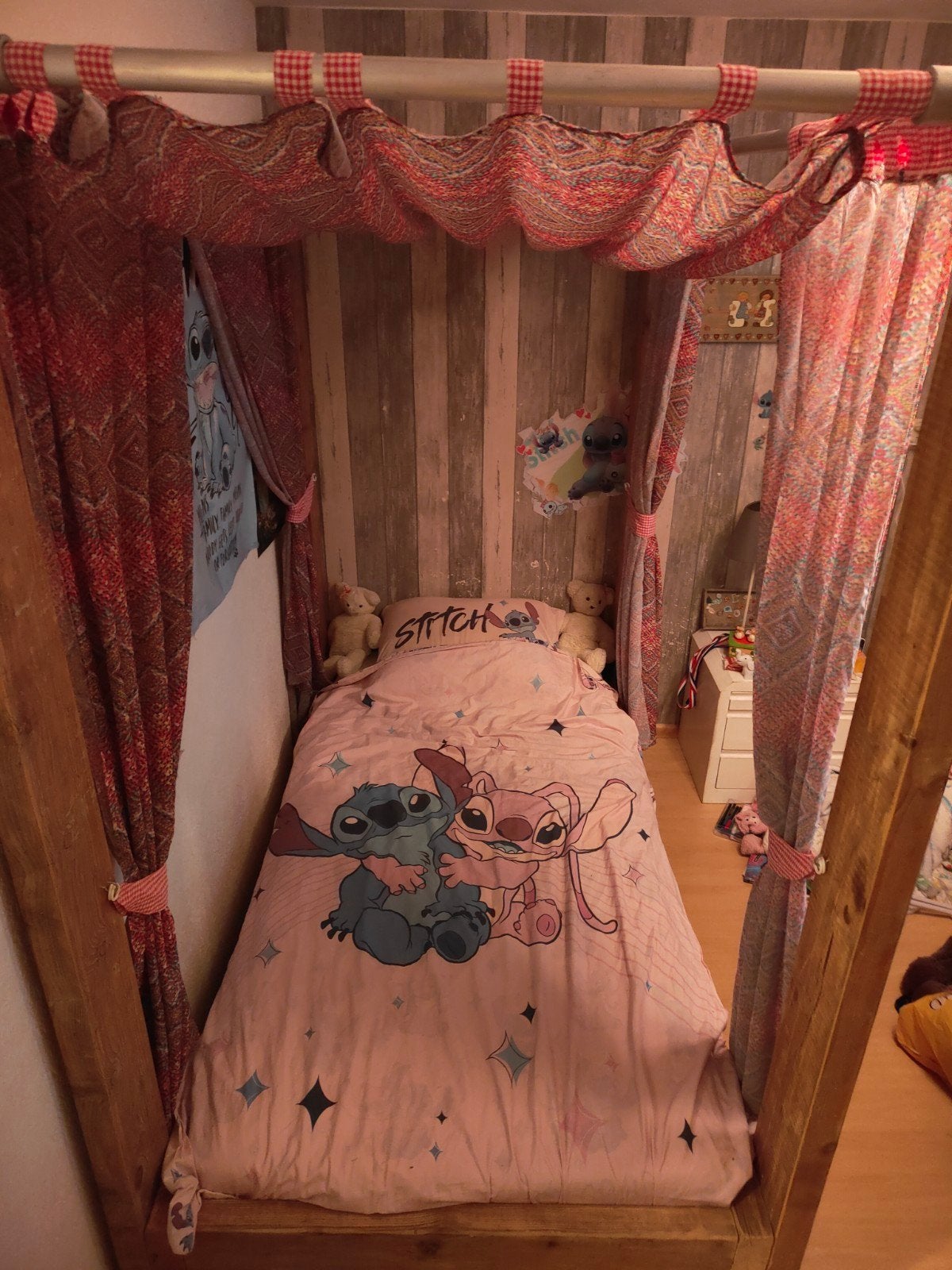Houten hemelbed met opberglades - Eenpersoons, Ophalen, Gebruikt, 90 cm, Eenpersoons