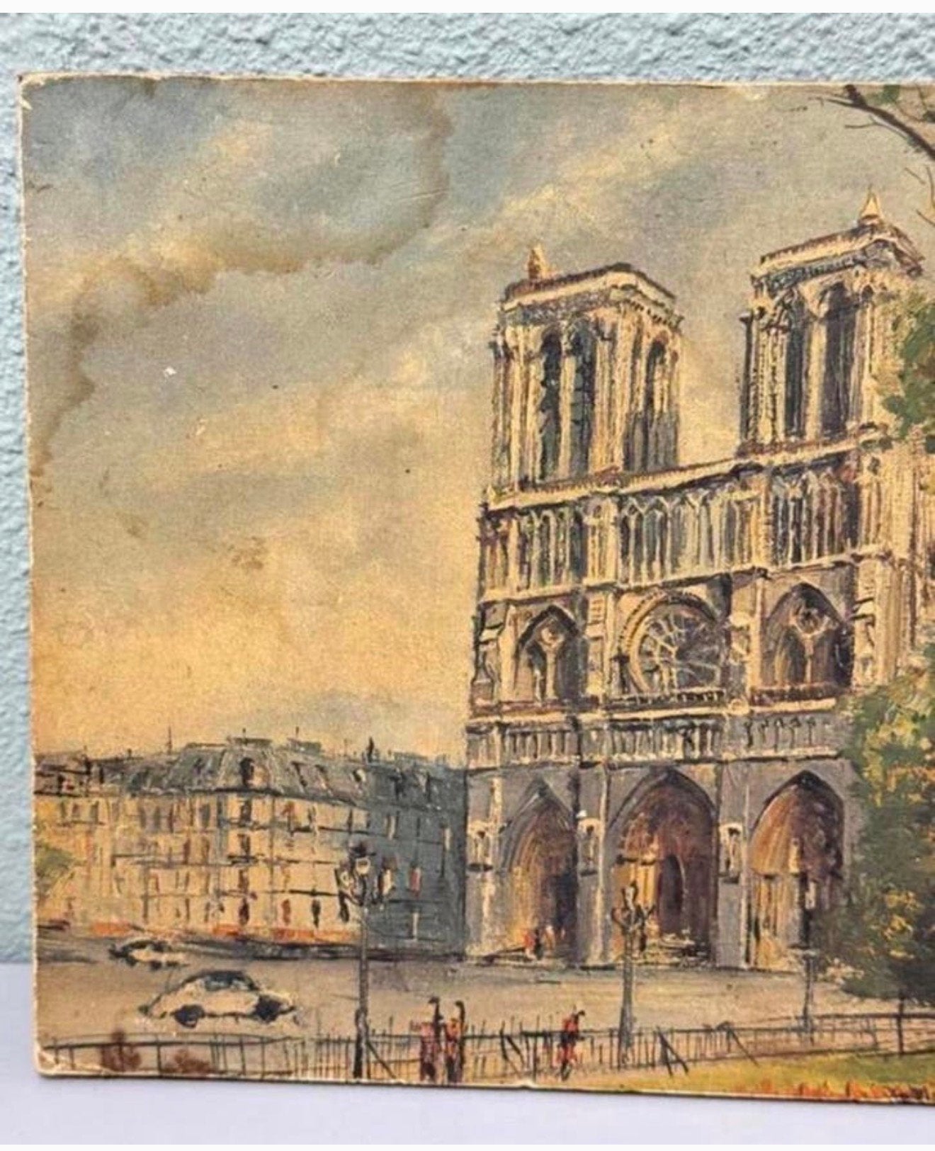 Schilderij Notre Dame Kathedraal Parijs Frankrijk op Hout vt, Ophalen of Verzenden, Gesigneerd, Landschap