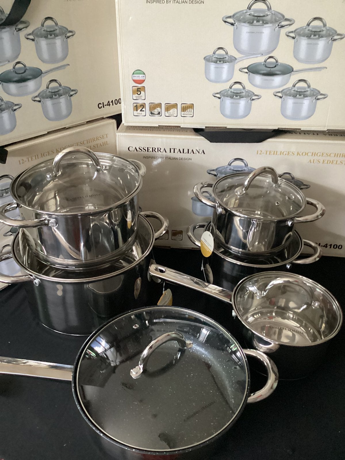 Casserra italiana luxe pannen set 12 delig rvs inductie /gas, Ophalen of Verzenden, Nieuw, Rvs, Pannenset