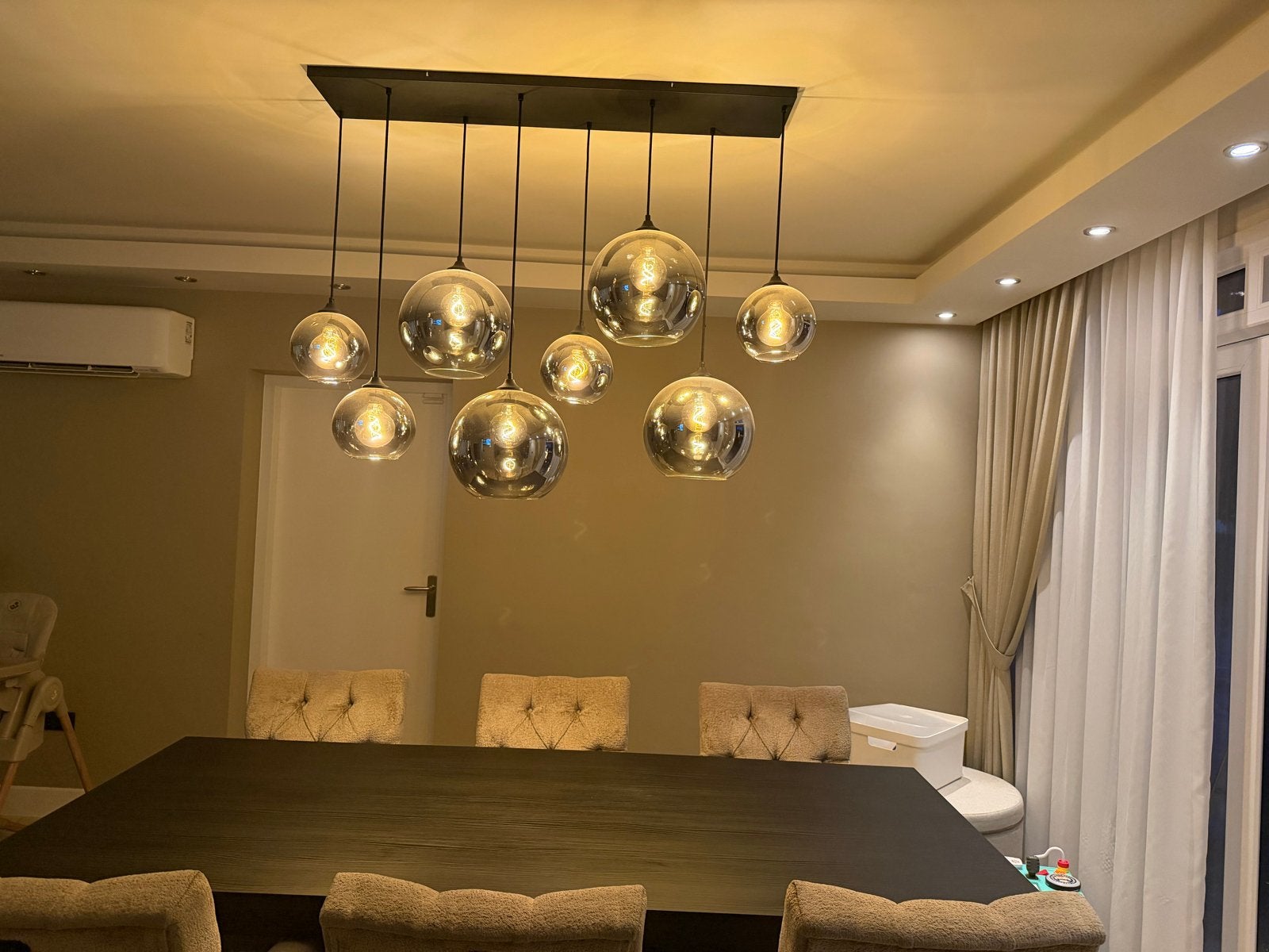 Moderne hanglamp met 9 glazen bollen - z.g.a.n., Ophalen of Verzenden, Zo goed als nieuw, Glas, Overige fittingen
