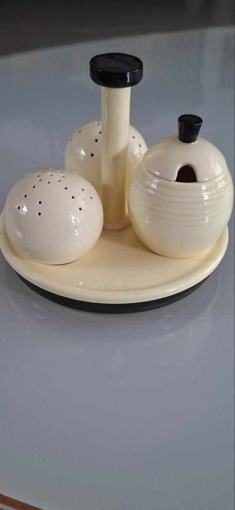 Art Deco Peper, Zout en Mosterd Stel op Plateau, Antiek en Kunst, Antiek | Woonaccessoires, Ophalen of Verzenden