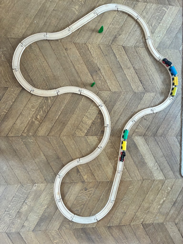 Houten treinrails met extra treintjes, Ophalen of Verzenden, Gebruikt, Rij- of Hobbelspeelgoed