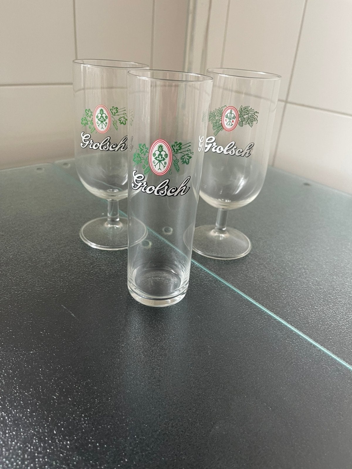 Bierglazen Grolsch 3 stuks, Ophalen, Zo goed als nieuw, Glas of Glazen, Grolsch