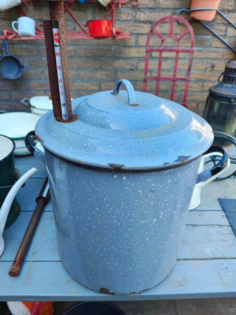 Vintage weckpan wolkjes emaille motief tuindecoratie, Antiek en Kunst, Antiek | Emaille, Ophalen of Verzenden