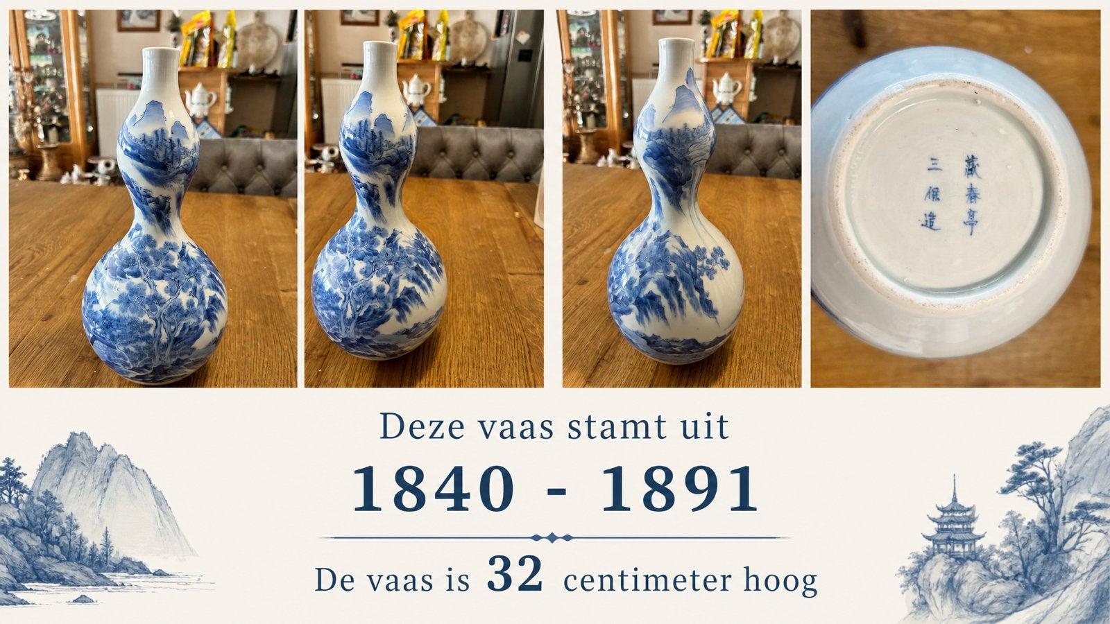 Antieke Chinese Calabash Vaas - Blauw en Wit Porselein, Ophalen of Verzenden