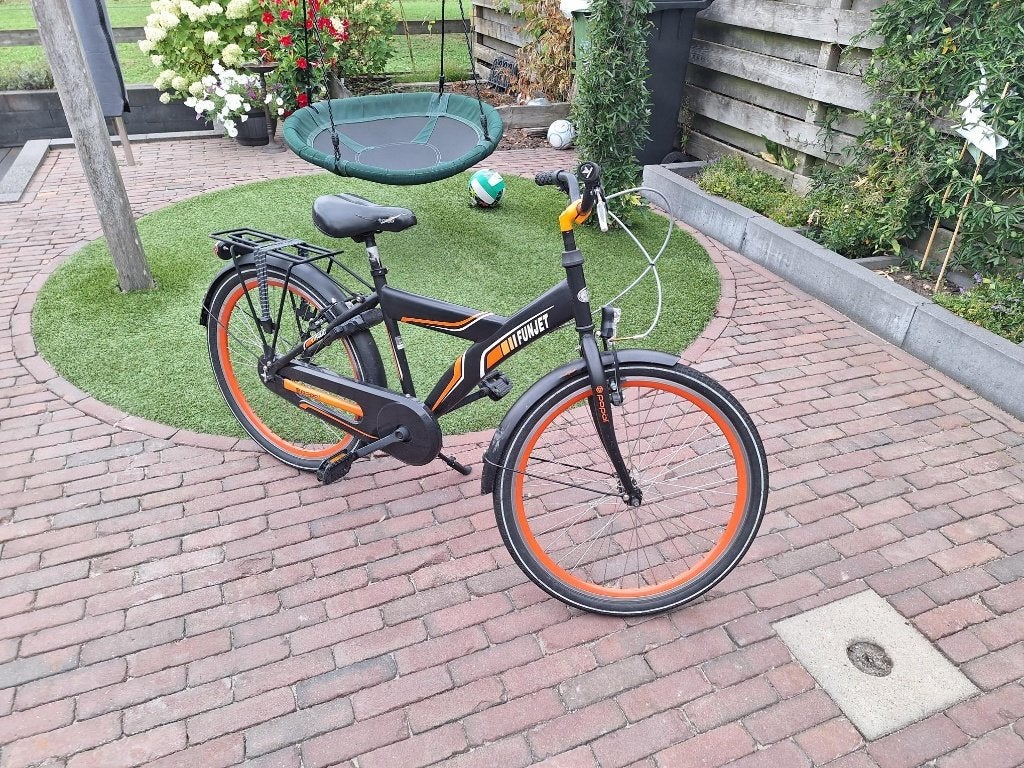 Funjet kinderfiets 24 inch - Zwart/Oranje, Ophalen, Terugtraprem, Handrem, Popal