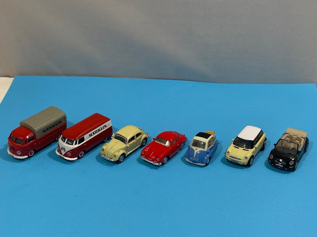 7 Metalen modelauto's VW, Porsche, Mini Cooper en BMW, Overige merken, Gelijkstroom of Wisselstroom, Overige typen, Ophalen of Verzenden