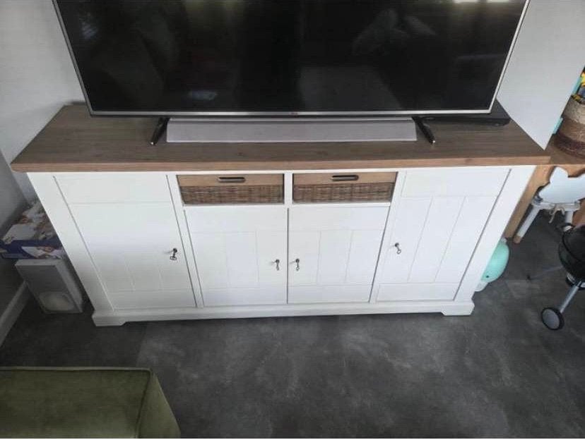 Landelijk dressoir wit met acaciahout - 180x90x45cm, Huis en Inrichting, Kasten | Dressoirs, Ophalen, 150 tot 200 cm, Zo goed als nieuw