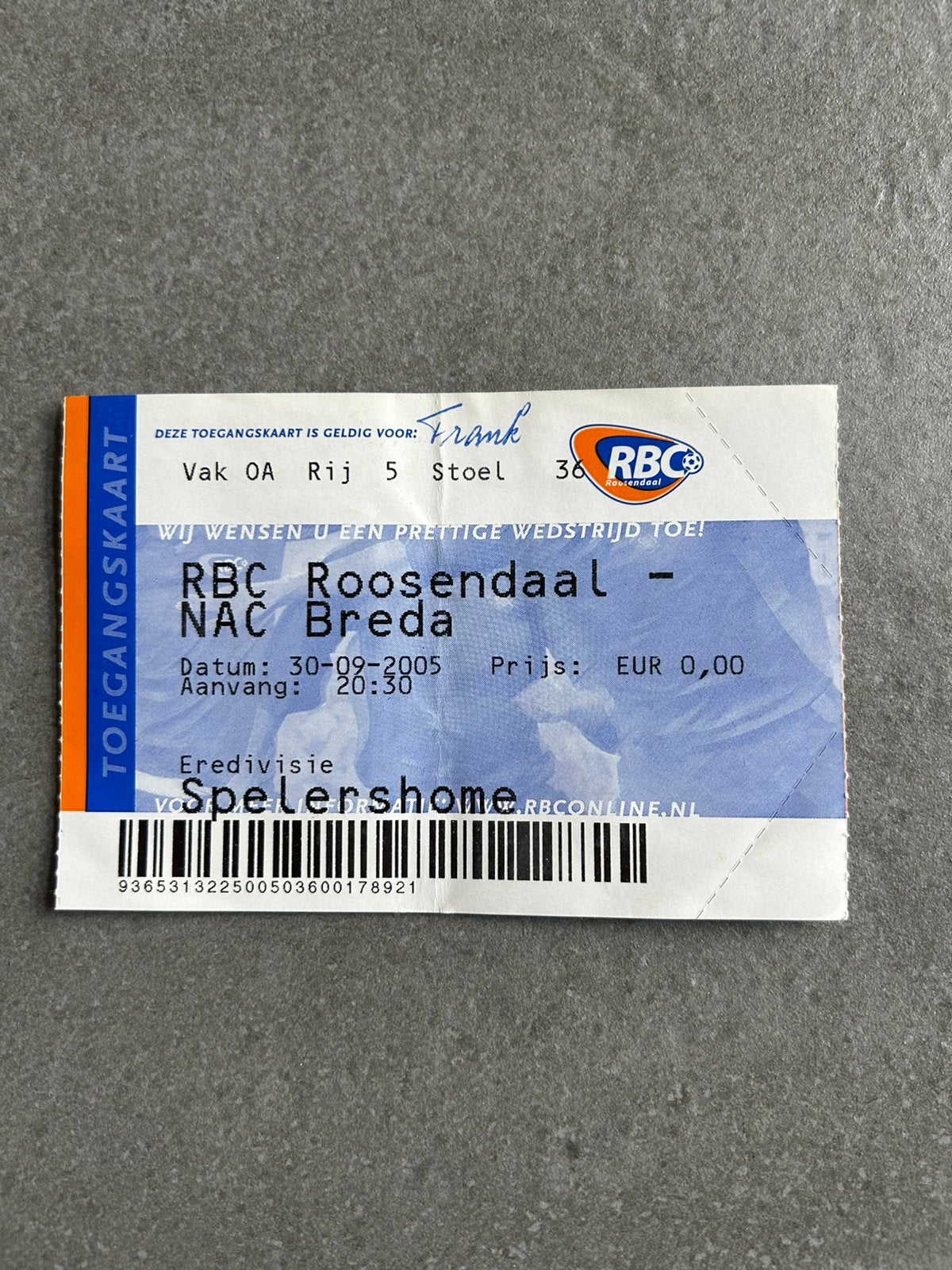 RBC - NAC ticket, Verzamelen, Sportartikelen en Voetbal, Ophalen of Verzenden, NAC Breda, Overige typen