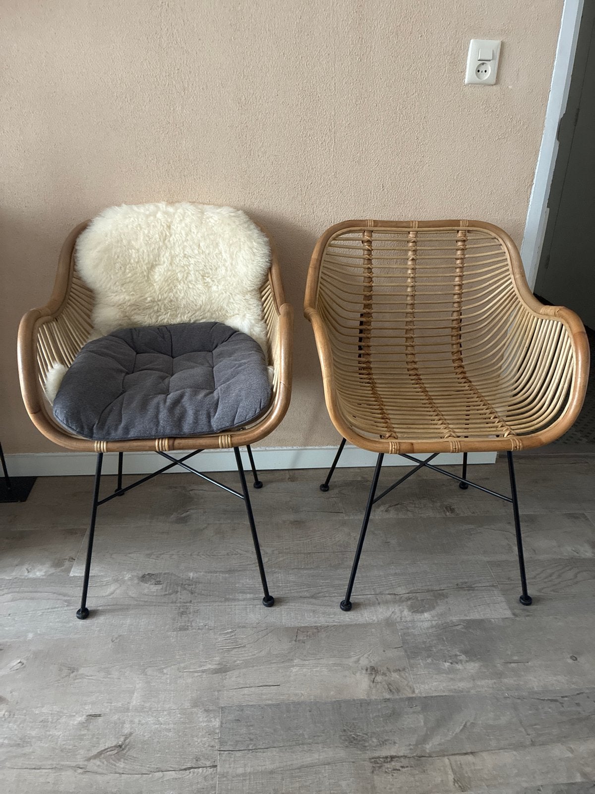 2 rieten BoHo stoelen met ijzeren onderstel en leuningen, Ophalen, Twee, Overige kleuren, Zo goed als nieuw