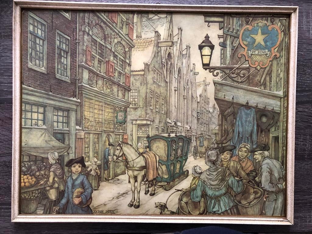 Oude prent: Anton Pieck, Amsterdam, Verzamelen, Gebruikt, Ophalen of Verzenden, 1940 tot 1960, Prent