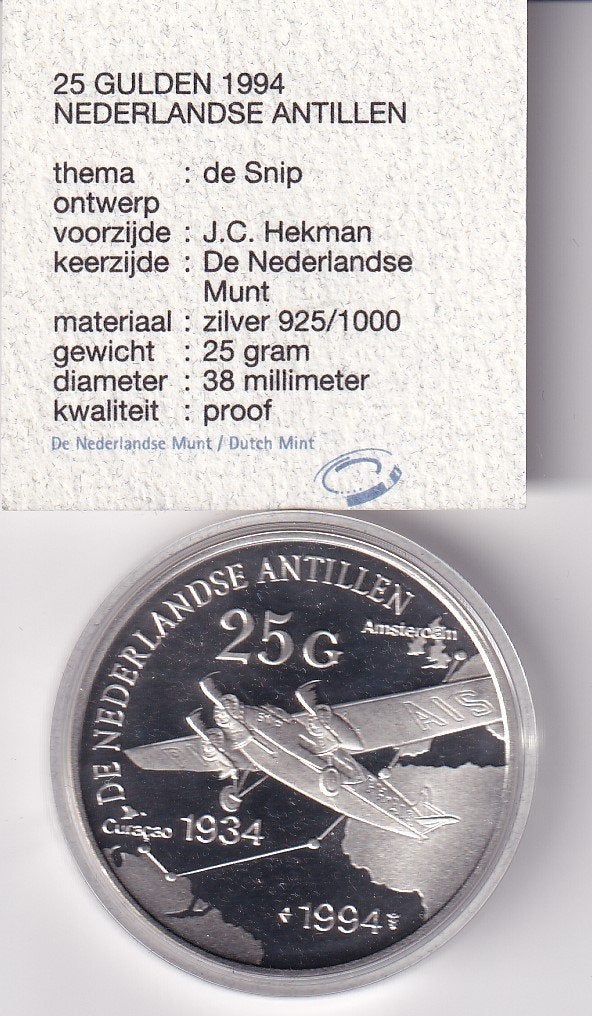 Nederlandse Antillen 25 Gulden 1994 Proof, Postzegels en Munten, Munten | Nederland, Verzenden, Koningin Beatrix, Zilver, Overige waardes
