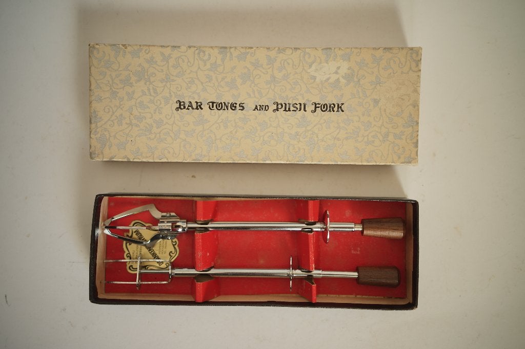 vintage grijptang teak rvs push vork barware Yax Japan, Bestekset, Overige typen, Ophalen of Verzenden, Zo goed als nieuw
